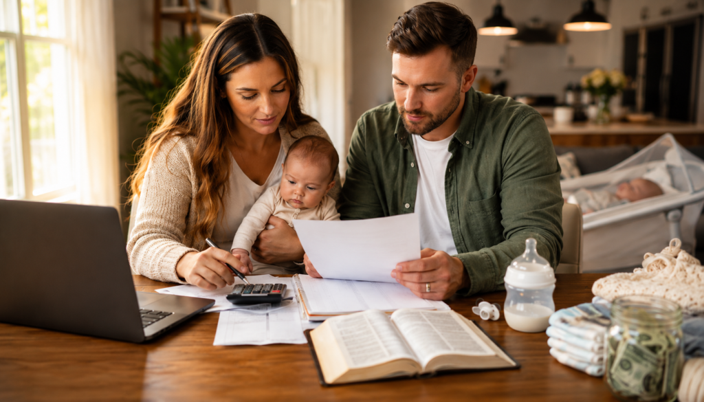 Christian Budgeting for New Parents: A Biblical Stewardship Plan - Eramag Magazine – Business, AI & Digital Growth New parents planning a Christian family budget at home with a Bible, baby essentials, calculator, savings jar, and household finance papers.