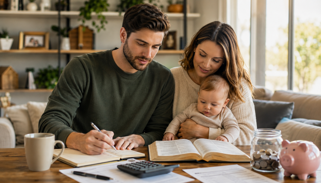 Christian couple budgeting for their new baby at home with a Bible, calculator, savings jar, and financial planning notebook, representing biblical stewardship and family budgeting.