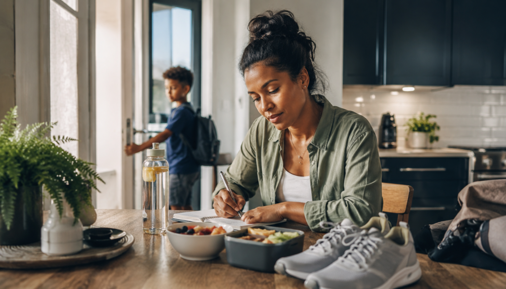 How Busy Parents Build Healthy Daily Habits Without Burnout - Eramag Magazine – Business, AI & Digital Growth Busy parent planning healthy daily habits at a kitchen table with water, balanced meals, workout shoes, and a child leaving for school in the background.