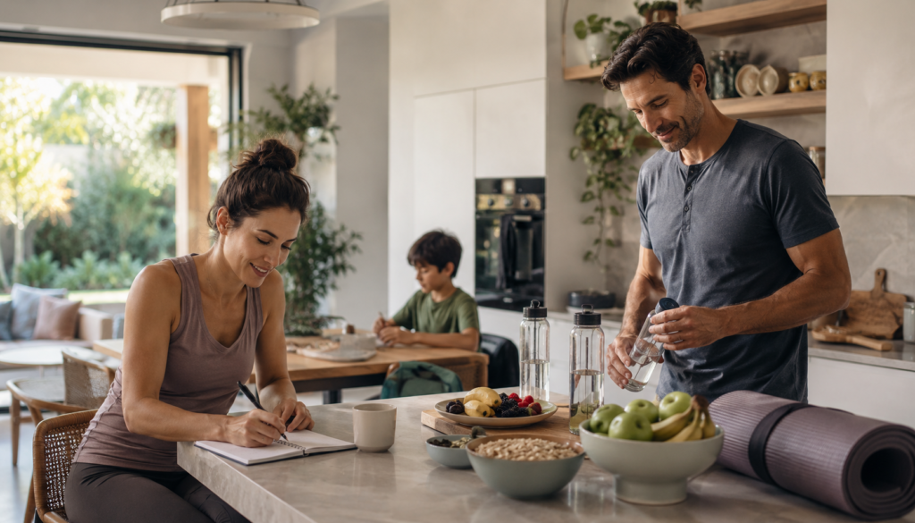 How Busy Parents Build Healthy Daily Habits Without Burnout - Eramag Magazine – Business, AI & Digital Growth Busy parents building healthy daily habits at home with a planner, water bottles, fruit, breakfast bowls, yoga mat, and child in the background.