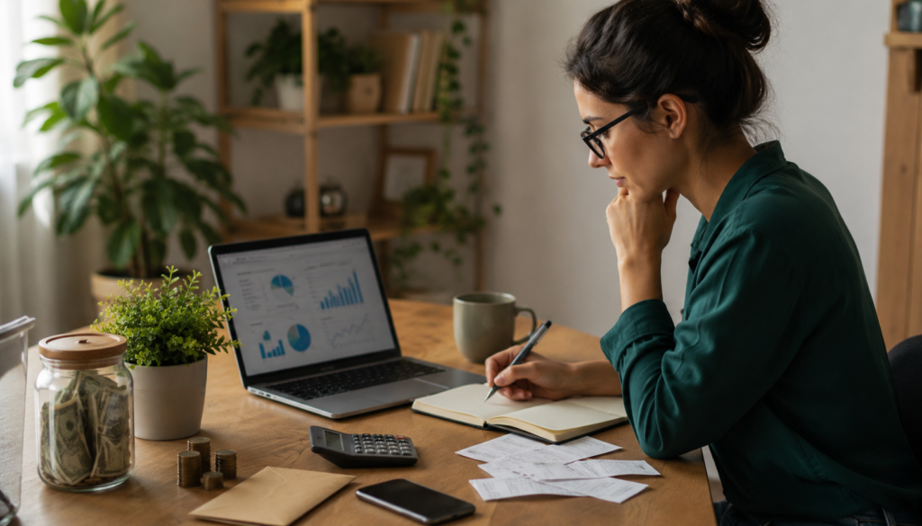 Freelancer planning a personal budget and beginner investment strategy with a laptop, calculator, notebook, receipts, savings jar, and coins.