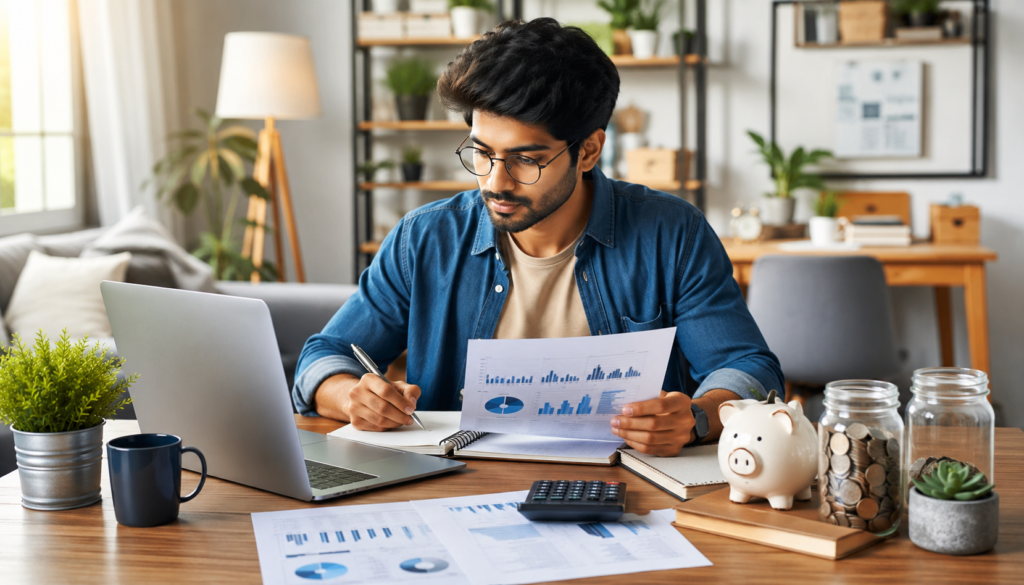 Personal Finance Tips for Freelancers: Budgeting & Investing - Eramag Magazine – Business, AI & Digital Growth Freelancer reviewing budgeting charts and investment notes beside a laptop, calculator, savings jars, and piggy bank in a bright home office.