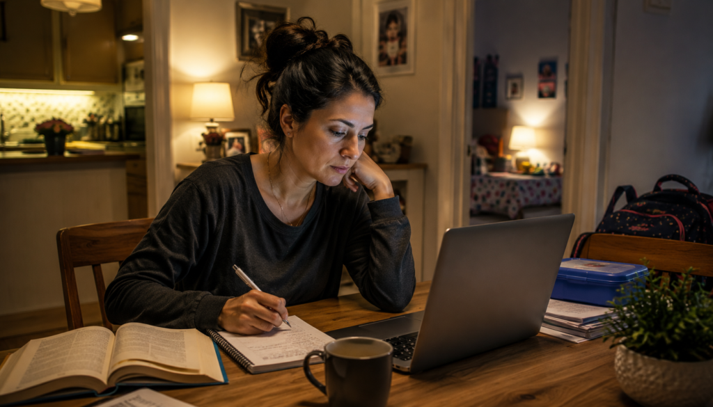 E-learning Tips for Working Parents Balancing Night Classes - Eramag Magazine – Business, AI & Digital Growth Working parent studying online at night with a laptop, notebook, and study materials, balancing e-learning, night classes, and family responsibilities at home.