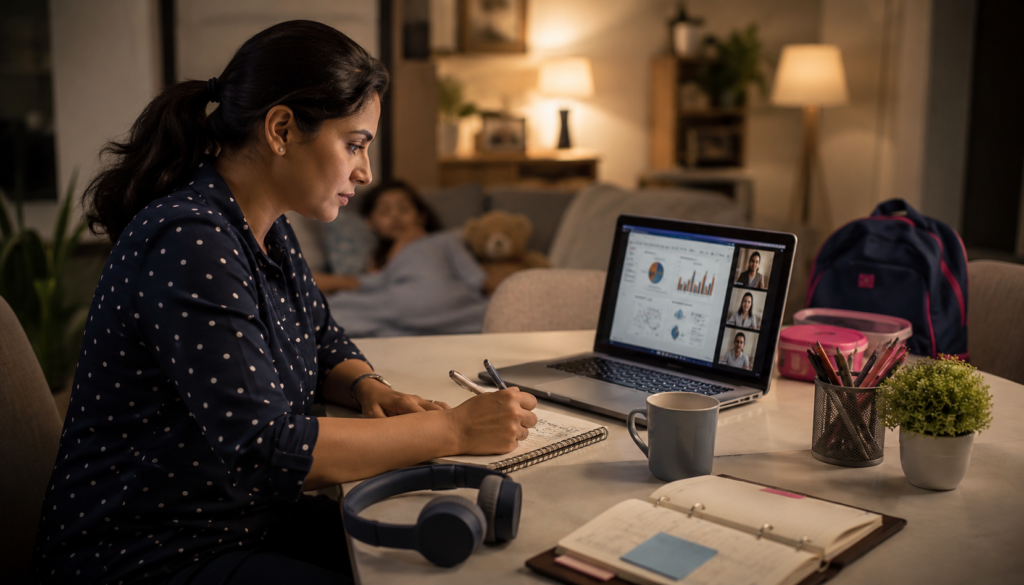 E-learning Tips for Working Parents Balancing Night Classes - Eramag Magazine – Business, AI & Digital Growth Working parent studying online at night with a laptop, notebook, headphones, planner, coffee mug, and sleeping child in the background.