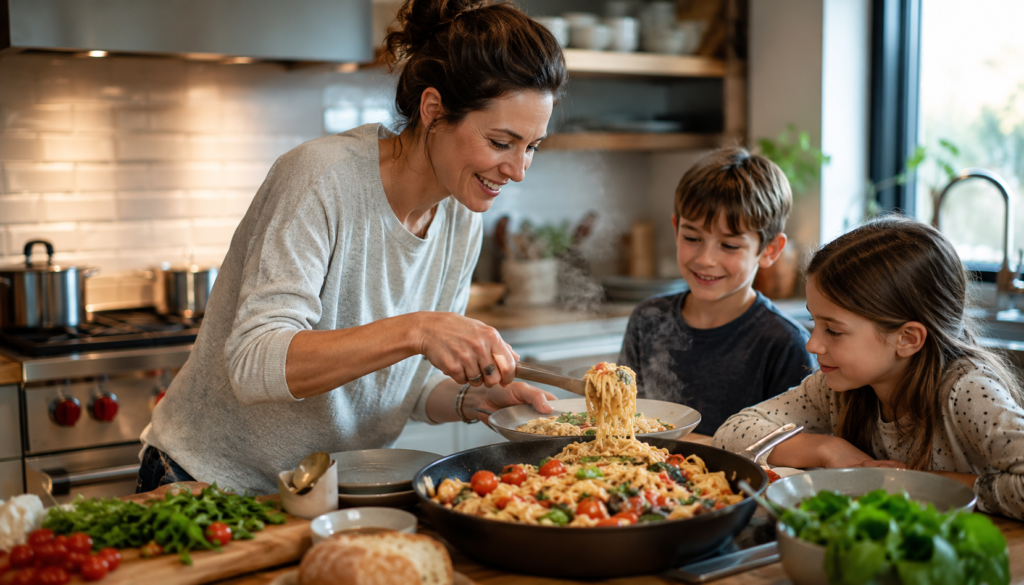 Busy parent serving a fresh pasta dinner to children in a cozy kitchen, showing easy weeknight recipes, family meals, and quick homemade cooking for busy parents.
