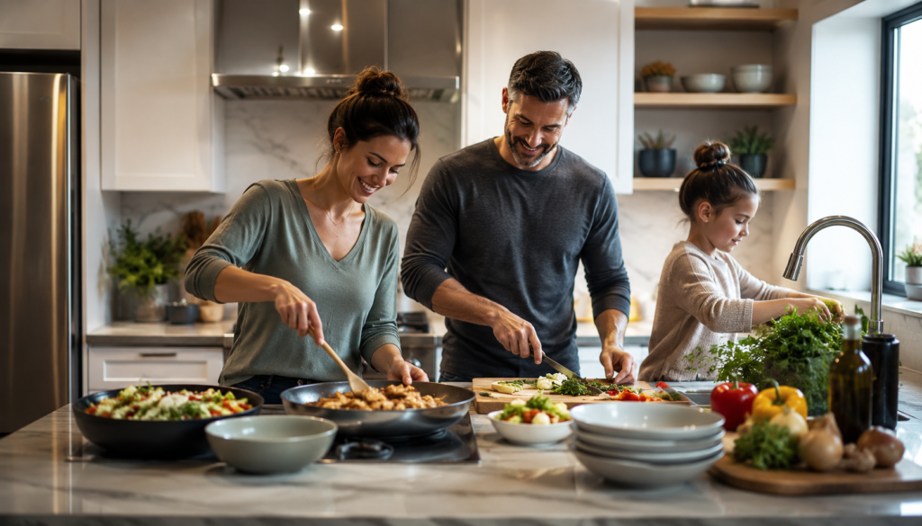 Weeknight Rescue: Easy Dinner Recipes for Busy Parents - Eramag Magazine – Business, AI & Digital Growth Busy parents cooking an easy weeknight dinner with fresh vegetables, skillet meals, family meal prep, and a child helping in a bright kitchen.