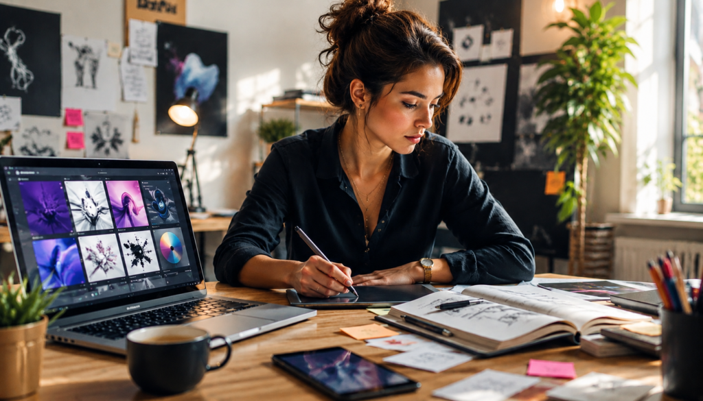 Busy parent planning healthy daily habits at a kitchen table with water, fruit, meal prep, workout shoes, and a child leaving for school in the background.