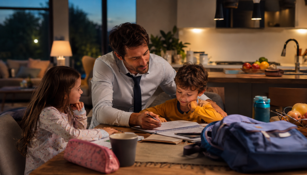 Parenting Tips for Busy Parents: Calm Evening Routines After Work - Eramag Magazine – Business, AI & Digital Growth Busy father helping his children with homework after work in a cozy evening kitchen, showing calm parenting routines, family connection, and peaceful after-school support.