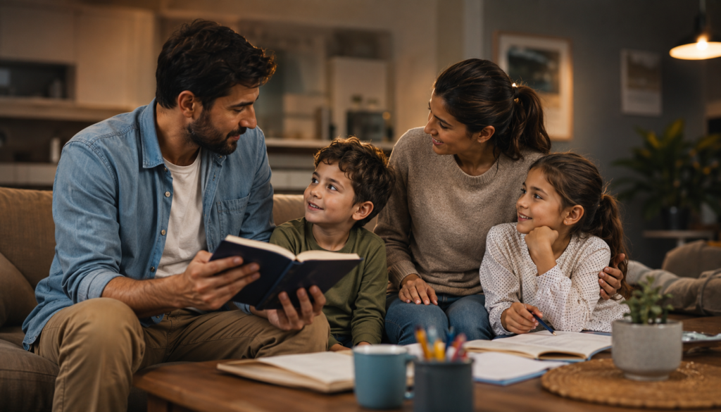 Parenting Tips for Busy Parents: Calm Evening Routines After Work - Eramag Magazine – Business, AI & Digital Growth Busy parents creating a calm evening routine with children at home through homework support, reading, family connection, and gentle after-work structure.