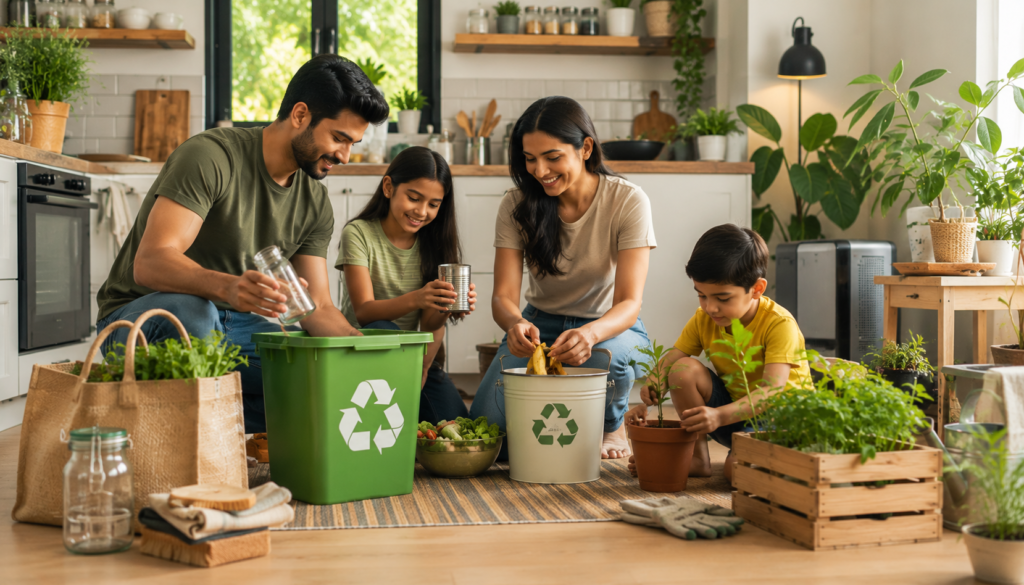 Busy family sorting recyclables, composting food scraps, and caring for plants in a bright eco-friendly home, showing simple sustainable living habits for everyday family life.