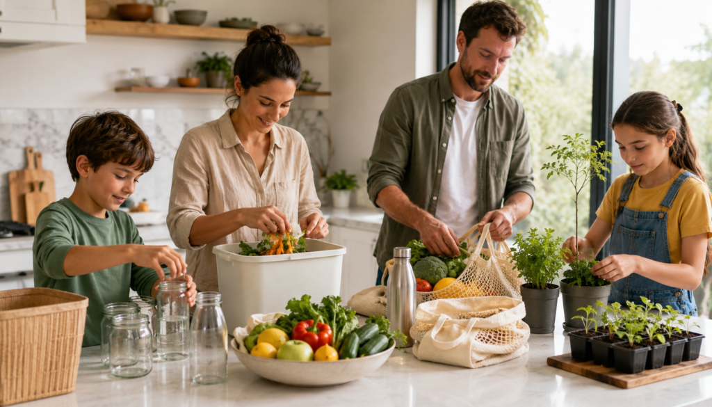 Busy family practicing sustainable living at home with reusable jars, fresh vegetables, low-waste shopping bags, composting, indoor plants, and seedlings.