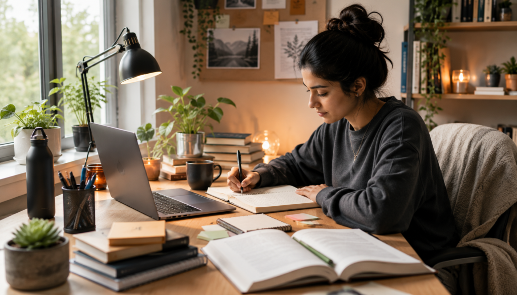 Busy grad student journaling at a cozy study desk with laptop, books, planner, plants, and warm lighting for personal growth habits.
