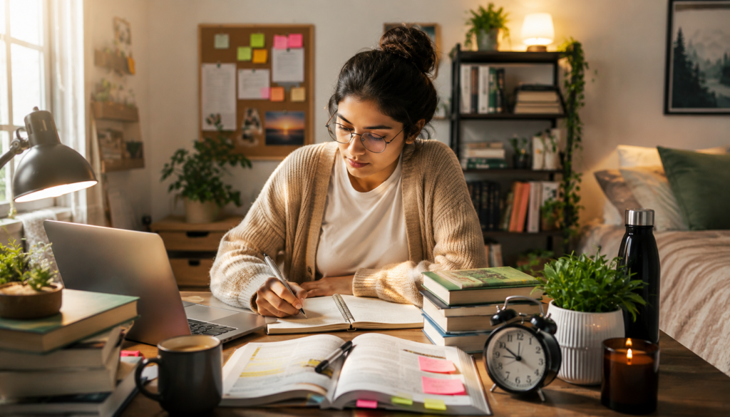 Busy Grad Student? Personal Growth Habits That Actually Work - Eramag Magazine – Business, AI & Digital Growth Busy grad student journaling at a cozy study desk with books, laptop, planner, water bottle, and warm lighting, building personal growth habits for focus, confidence, and balance.