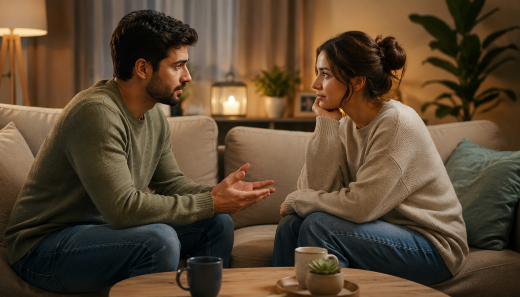 Trust Building After a Boundary Slip: Communication Tips - Eramag Magazine – Business, AI & Digital Growth Couple having a calm, honest conversation on a cozy sofa, showing trust rebuilding, healthy boundaries, listening, and respectful relationship communication.