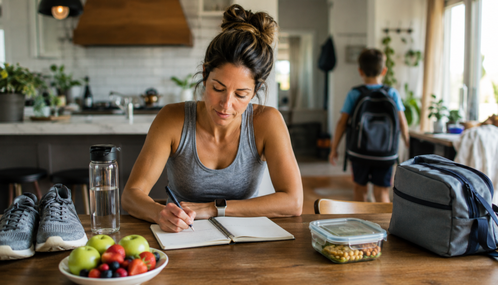Rebuilding Healthy Daily Habits: A Busy Parent's Guide - Eramag Magazine – Business, AI & Digital Growth Busy parent planning healthy daily habits at a kitchen table with water, fruit, meal prep, workout shoes, and a child leaving for school in the background.