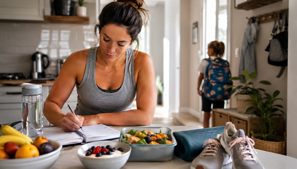 Rebuilding Healthy Daily Habits: A Busy Parent's Guide - Eramag Magazine – Business, AI & Digital Growth Busy parent rebuilding healthy daily habits with a planner, water bottle, nutritious meals, yoga mat, sneakers, and child leaving for school.