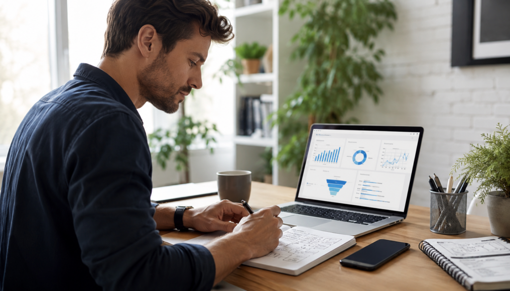 Digital Marketing Strategy to Win Long-Term Freelance Clients - Eramag Magazine – Business, AI & Digital Growth Freelancer planning a digital marketing strategy with laptop analytics, notebook, smartphone, and client acquisition workflow in a modern workspace.