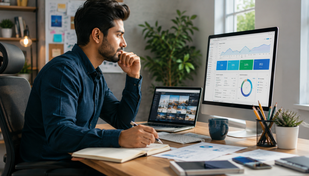 Freelancer reviewing digital marketing analytics and strategy notes beside a laptop, planning SEO, content systems, and client acquisition for long-term freelance growth.