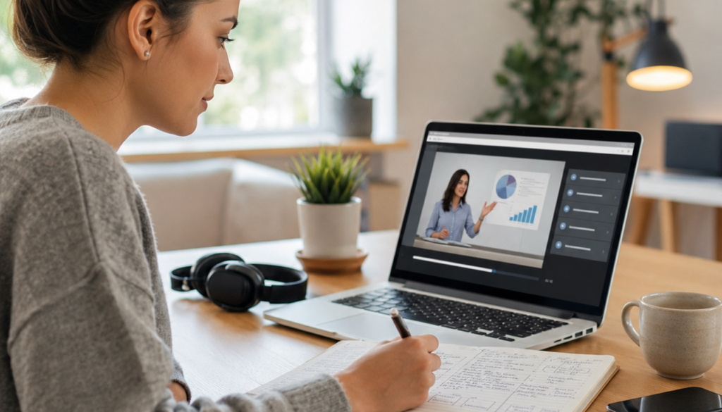 A focused learner takes notes while watching an online course on a laptop in a clean, softly lit home workspace.