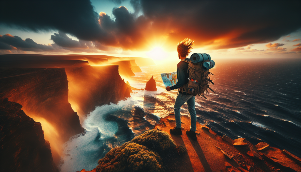 Backpacker overlooking coastline at sunrise with map, conveying budget travel adventure and discovery.