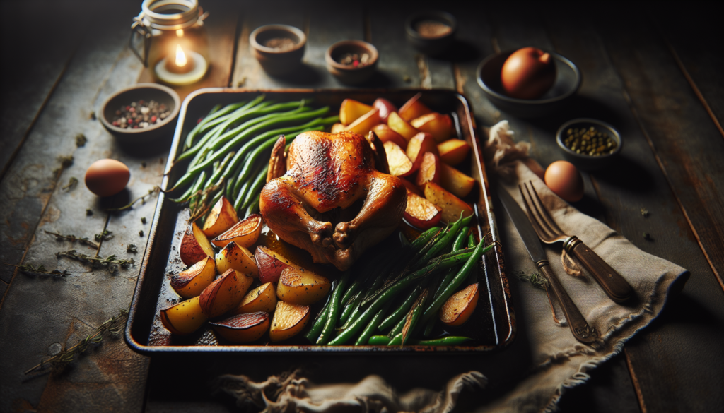 One-pan roasted chicken with potatoes and green beans finished with lemon and herbs.
