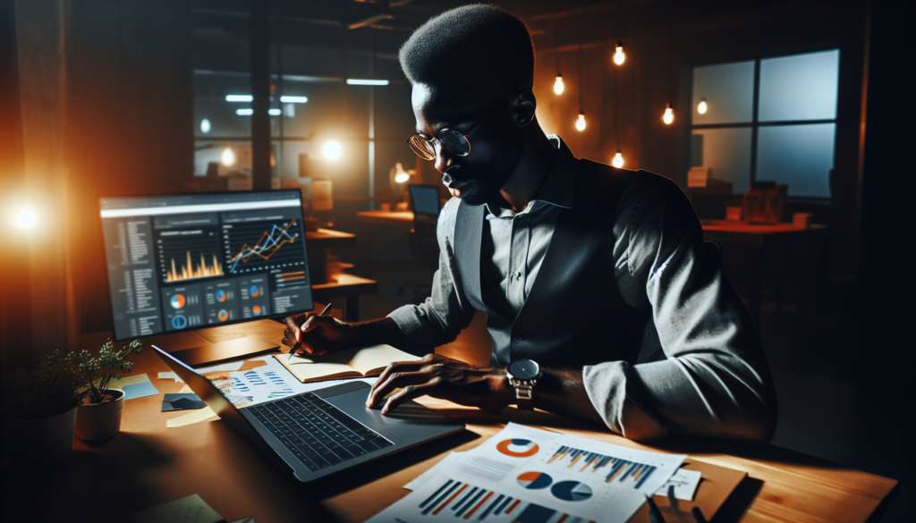 Entrepreneur workspace with laptop showing analytics and a content calendar in editorial lighting