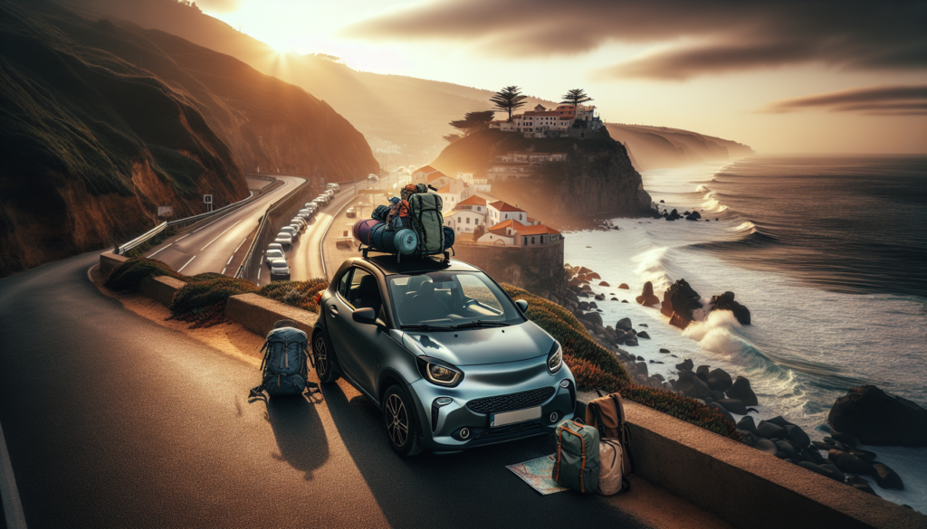 Car packed for a coastal road-and-hike itinerary at golden hour overlooking cliffs and ocean.