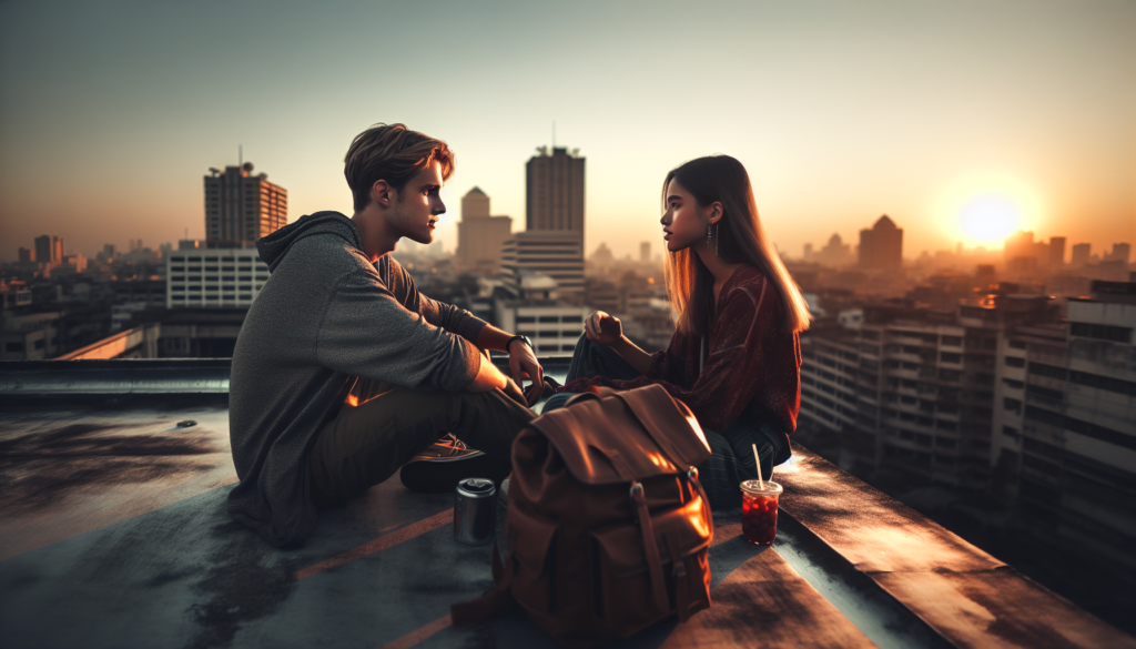Healthy Relationship Building Tips: Real Ways to Connect - Eramag Magazine – Business, AI & Digital Growth Two young adults talking honestly on a rooftop with warm cinematic lighting and soft focus.