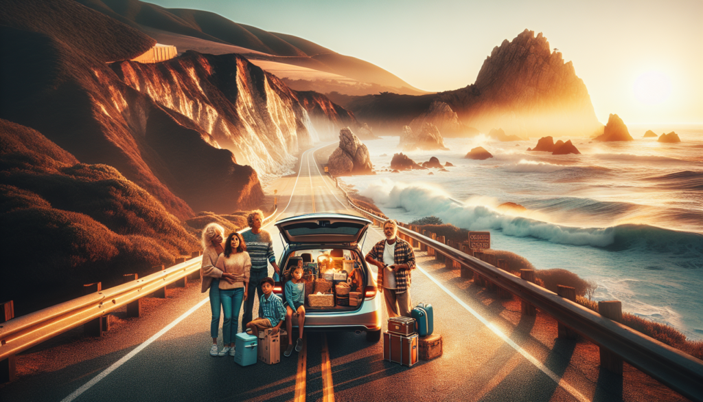 Family loading a car at sunrise on a coastal road before a multi-day trip.
