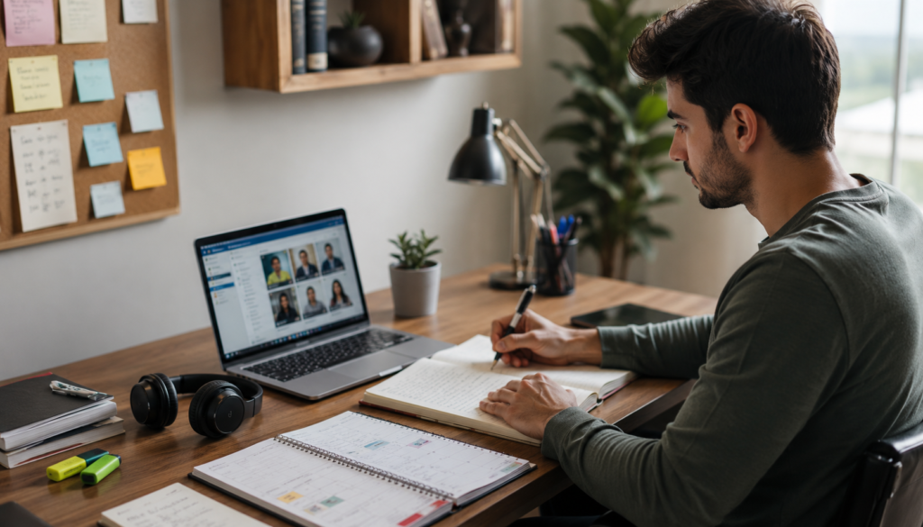 Remote Learning Success: A Daily System for Online Students - Eramag Magazine – Business, AI & Digital Growth Online student following a daily remote learning system with laptop video class, study planner, notebook, headphones, and organized desk setup.