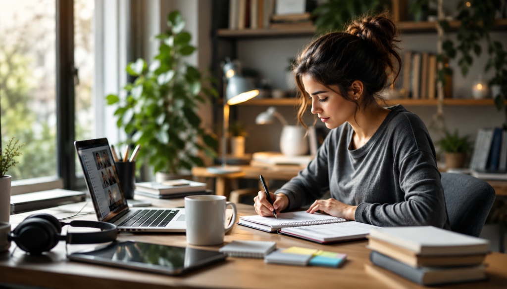 Remote Learning Success: A Daily System for Online Students - Eramag Magazine – Business, AI & Digital Growth Online student taking notes beside a laptop, tablet, headphones, and study books in a cozy workspace, building a daily remote learning system for focus and success.