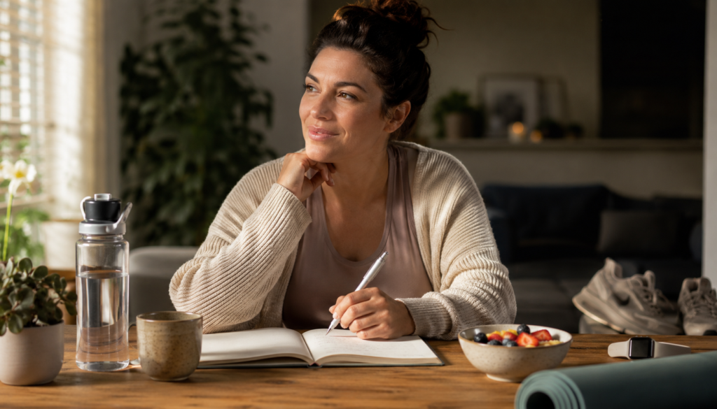 Reclaim Energy: A Gentle Daily Wellness Routine for Burnout - Eramag Magazine – Business, AI & Digital Growth Woman journaling beside water, fruit, yoga mat, and walking shoes in a calm home setting, rebuilding energy with a gentle wellness routine for burnout recovery.