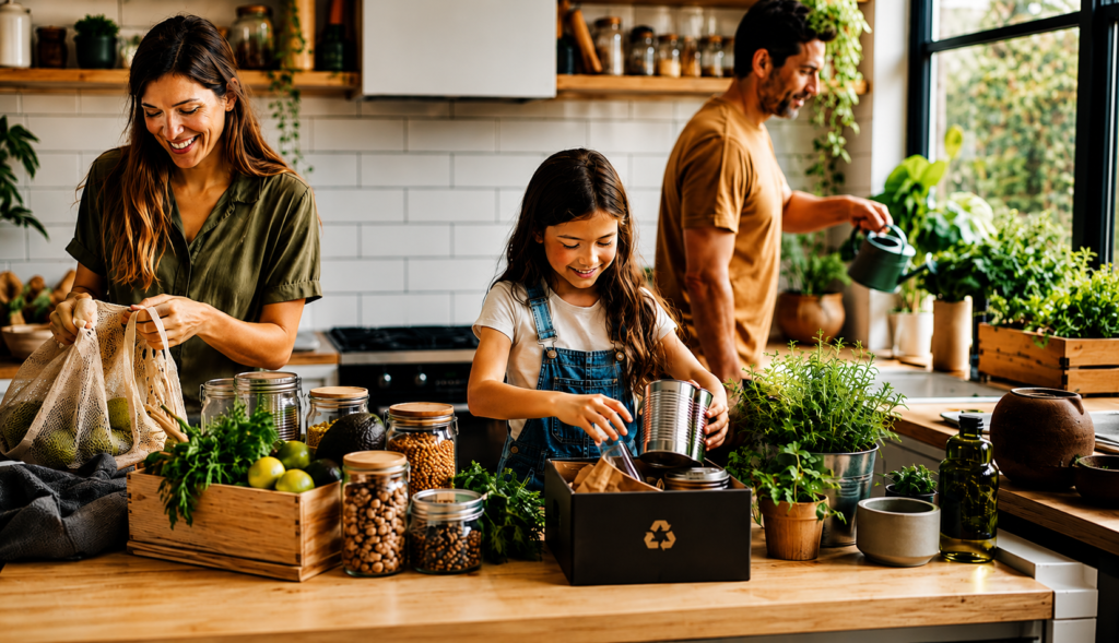 Sustainable Living for Busy Families: Home Changes That Last - Eramag Magazine – Business, AI & Digital Growth Busy family making sustainable home changes in a bright kitchen with reusable bags, glass jars, fresh produce, plants, and recycling supplies.