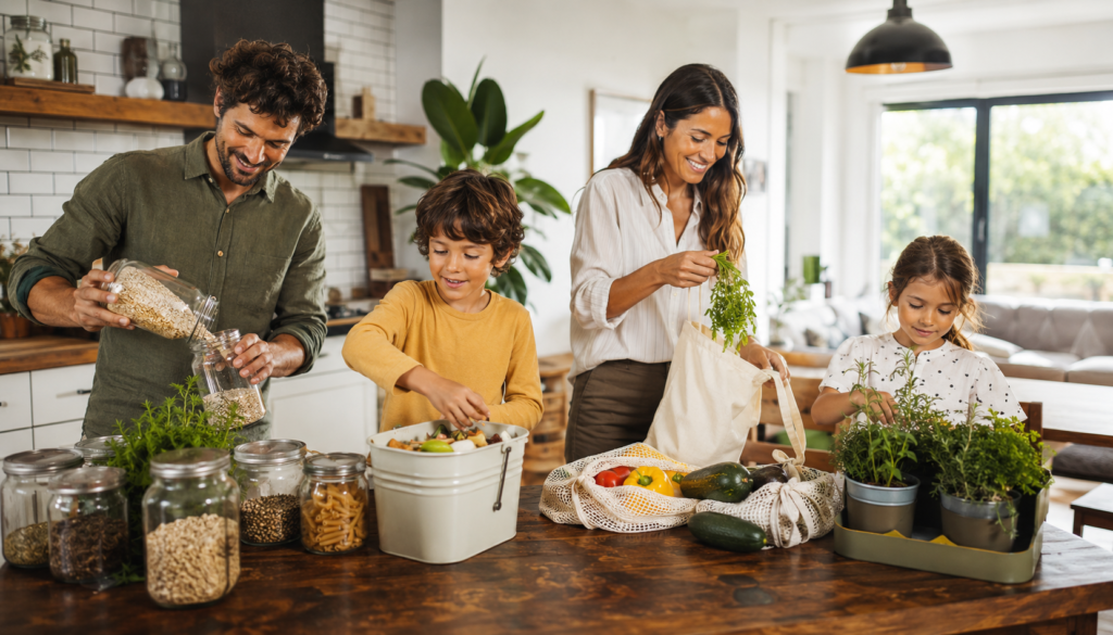 Sustainable Living for Busy Families: Home Changes That Last - Eramag Magazine – Business, AI & Digital Growth Busy family practicing sustainable living at home with reusable bags, glass jars, compost bin, fresh produce, herbs, and low-waste household changes.