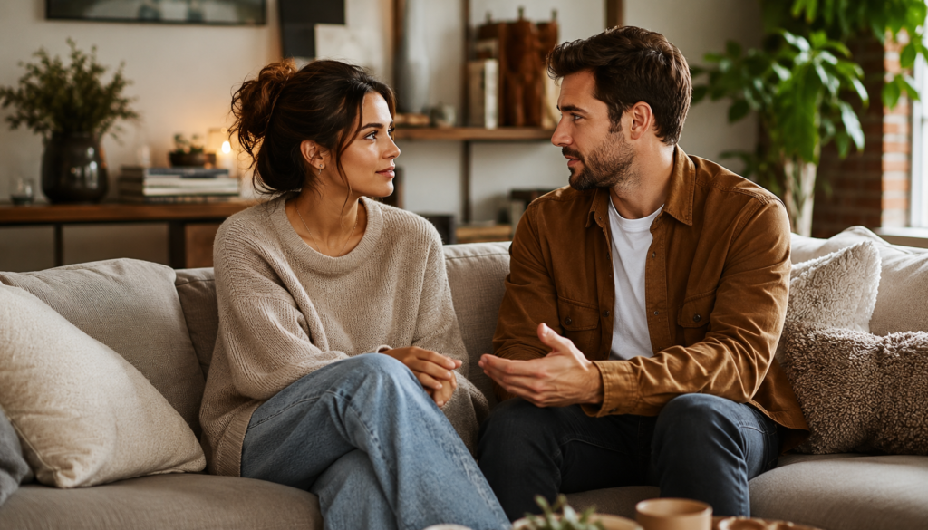 Couple having a calm and honest conversation on a cozy sofa, showing healthy relationship communication, emotional boundaries, trust, and mutual respect.