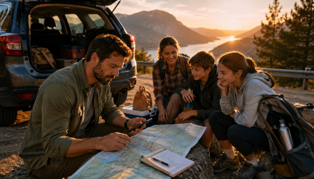 Family planning a budget weekend road trip at a scenic sunset overlook with a map, smartphone, packed SUV, backpacks, and travel supplies.