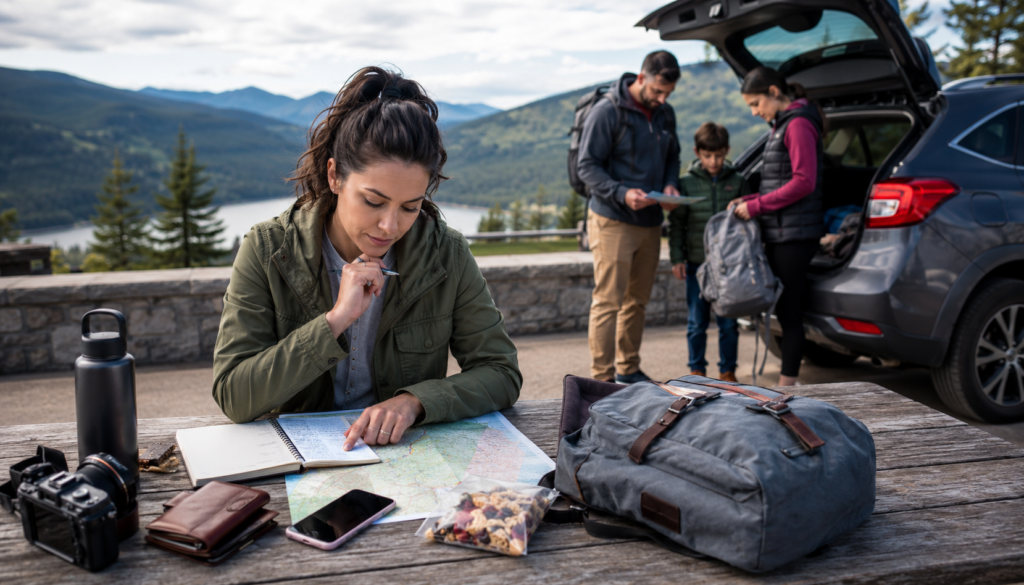 Solo traveler and family planning a budget weekend road trip with maps, backpacks, snacks, camera, phone, and car at a scenic overlook.