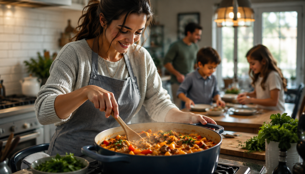 Mother cooking a warm one-pot weeknight dinner in a cozy kitchen while her family prepares the table, showing easy family meals and busy weeknight cooking.