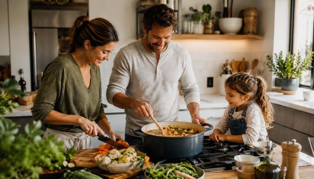 Busy family cooking an easy one-pot weeknight dinner with fresh vegetables, a large pot, herbs, and simple meal prep in a cozy kitchen.