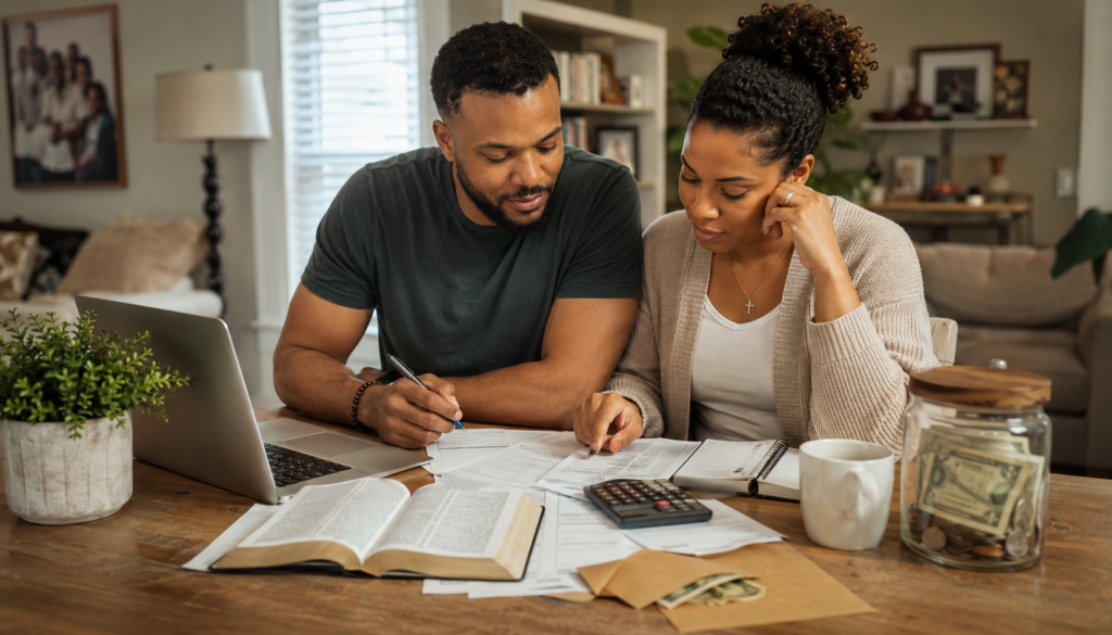 Christian couple reviewing bills, a family budget, laptop, calculator, open Bible, and savings jar, showing faith-based budgeting, generosity, and financial stewardship.