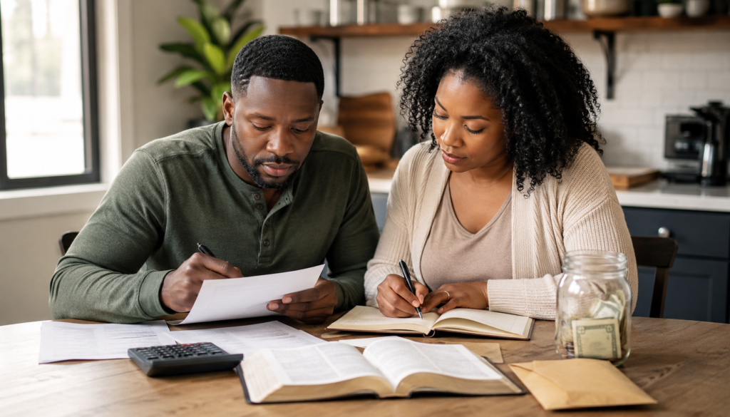 Christian couple planning a faith-based family budget with an open Bible, calculator, bills, savings jar, notebook, and giving envelope at home.