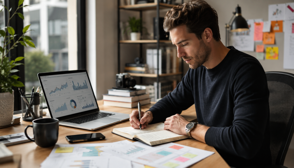 Solopreneur planning a revenue-first digital marketing strategy with a laptop, analytics dashboard, notebook, content ideas, and business growth charts in a modern office.
