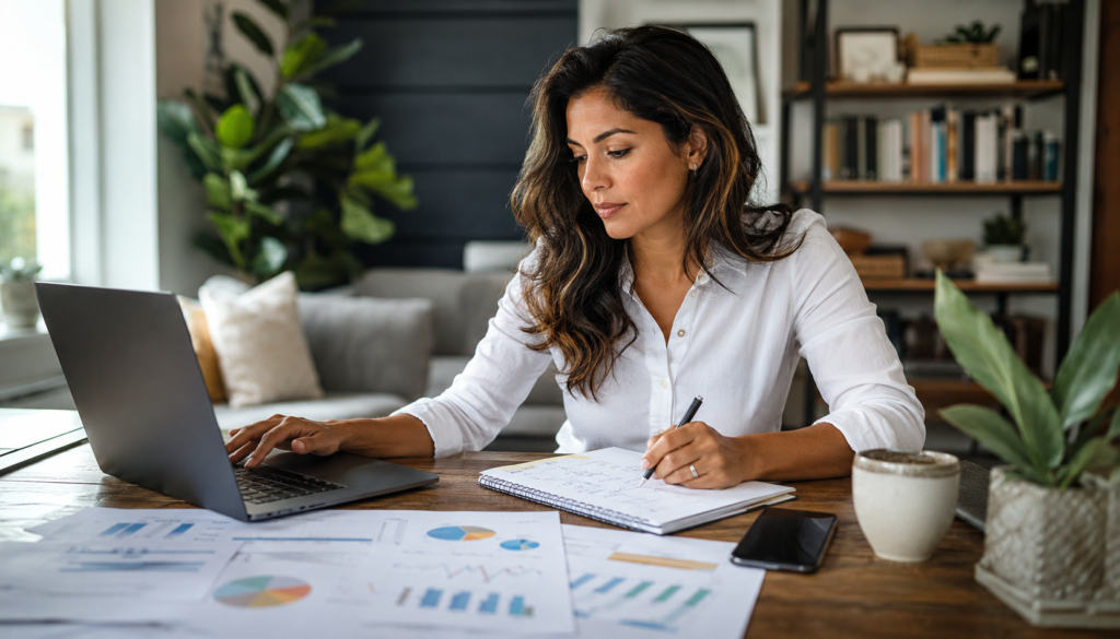 Solopreneur planning a revenue-first digital marketing strategy with laptop analytics, notebook, smartphone, charts, and focused business workflow at home.