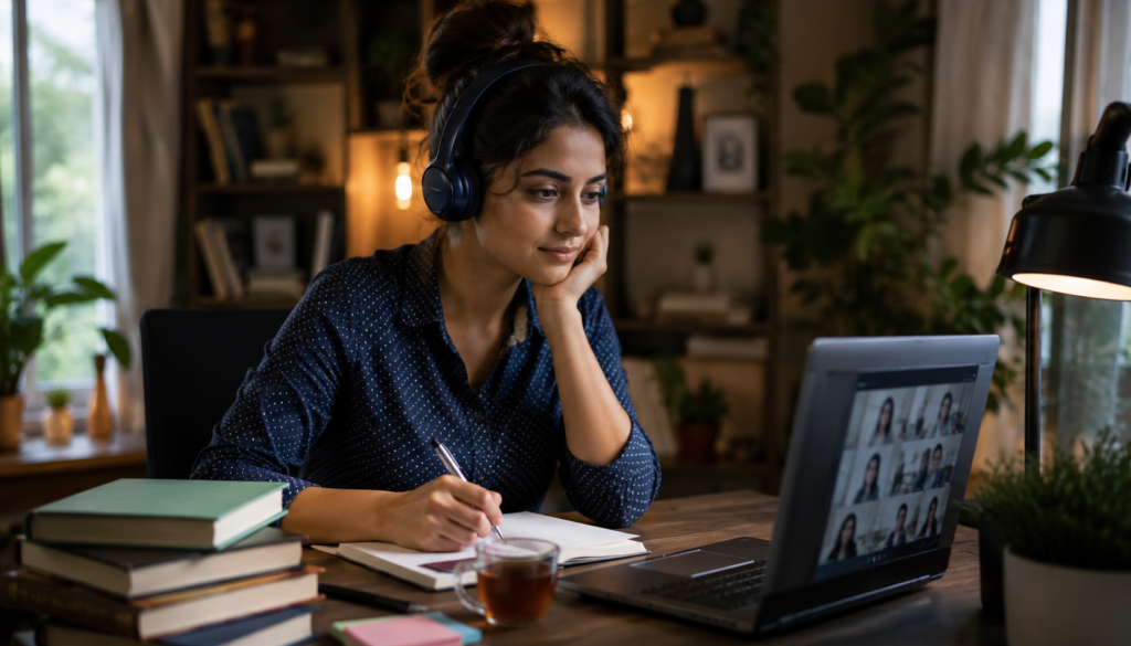 Online learner wearing headphones and taking notes beside a laptop video class in a cozy study space, showing ways to reduce Zoom fatigue and rebuild focus.