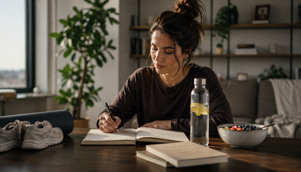 Woman journaling in a calm home workspace with lemon water, healthy food, workout shoes, and a yoga mat, showing healthy daily habits for burnout recovery.