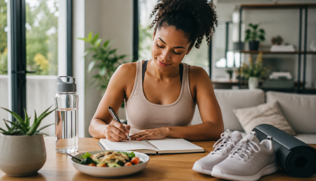 Woman rebuilding healthy daily habits for burnout recovery with journaling, water, nourishing food, sneakers, yoga mat, plants, and soft natural light.
