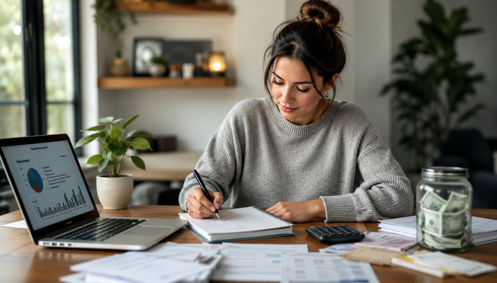 Woman reviewing a personal finance plan with a laptop, savings jar, calculator, budget notes, and debt paperwork in a calm home workspace.
