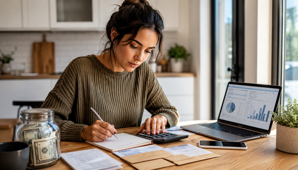 Woman creating a personal finance reset plan with debt papers, savings jar, calculator, laptop spreadsheet, notebook, and phone at home.