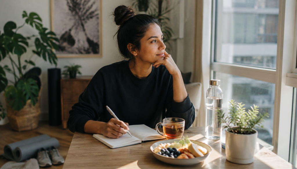 Woman journaling beside a window with tea, water, healthy food, plants, and workout gear, showing personal growth routines for rebuilding confidence after burnout.