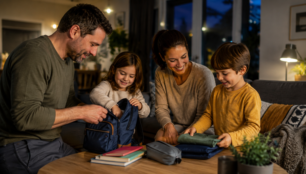 Family packing school bags together in a warm living room, showing calm family routines, teamwork, and practical ways to reduce daily power struggles.